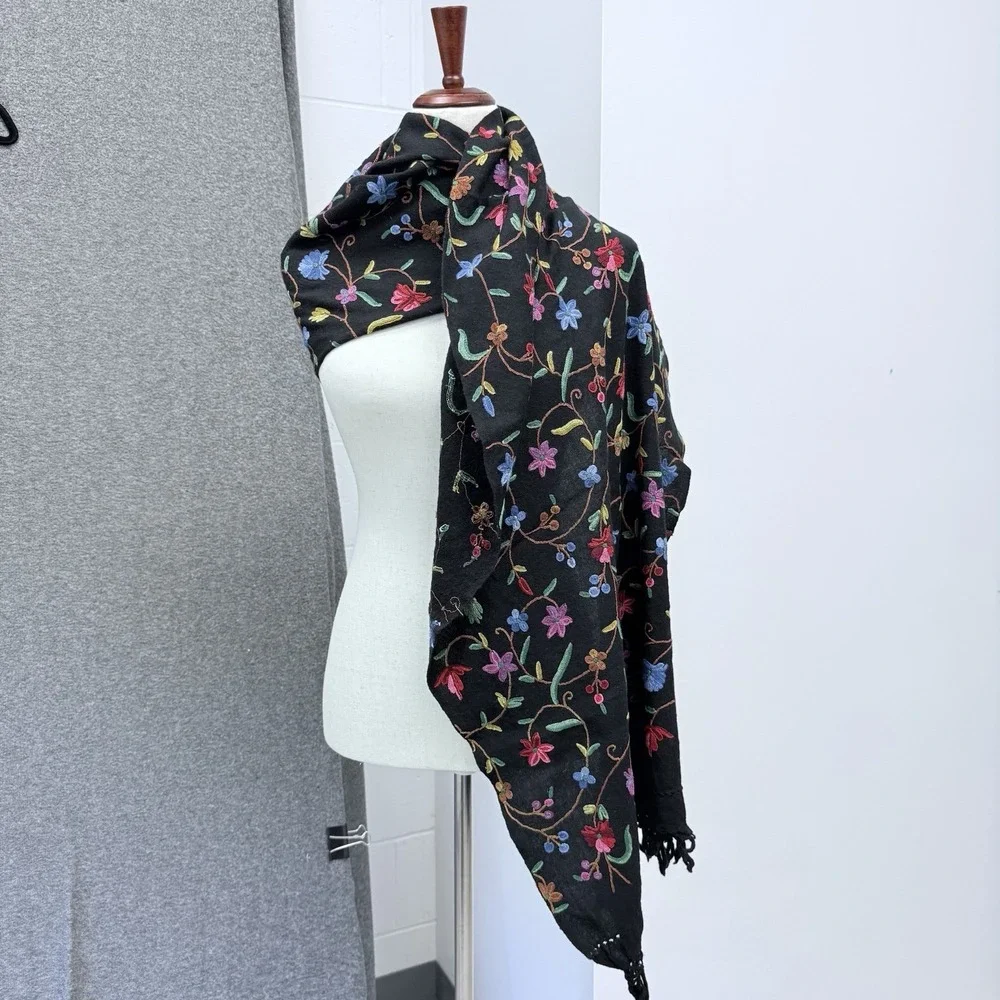 Embroidered Boho Folk Shawl Wrap Scarf 48 X 34 Floral Whimsigoth Dark Cottage